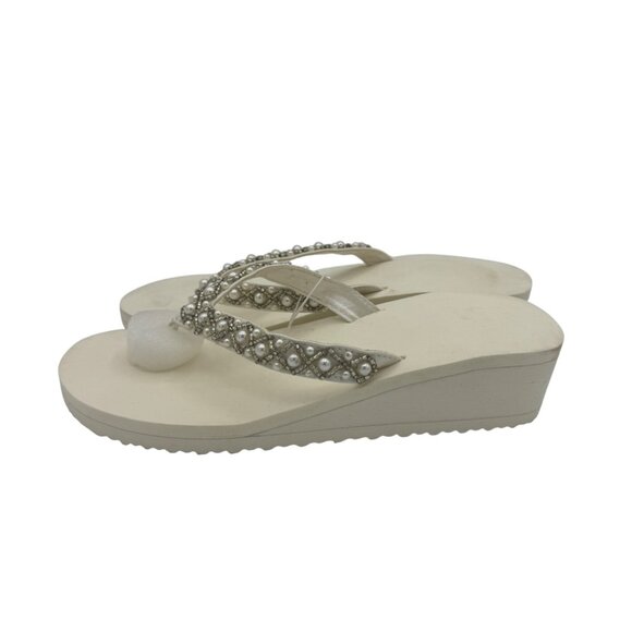 Davids Bridal McKenna Ivory Beaded Pearl Embellished Wedge Flip Flops - Picture 4 of 4